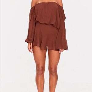 PrettyLittleThing Brown Off-Shoulder Romper